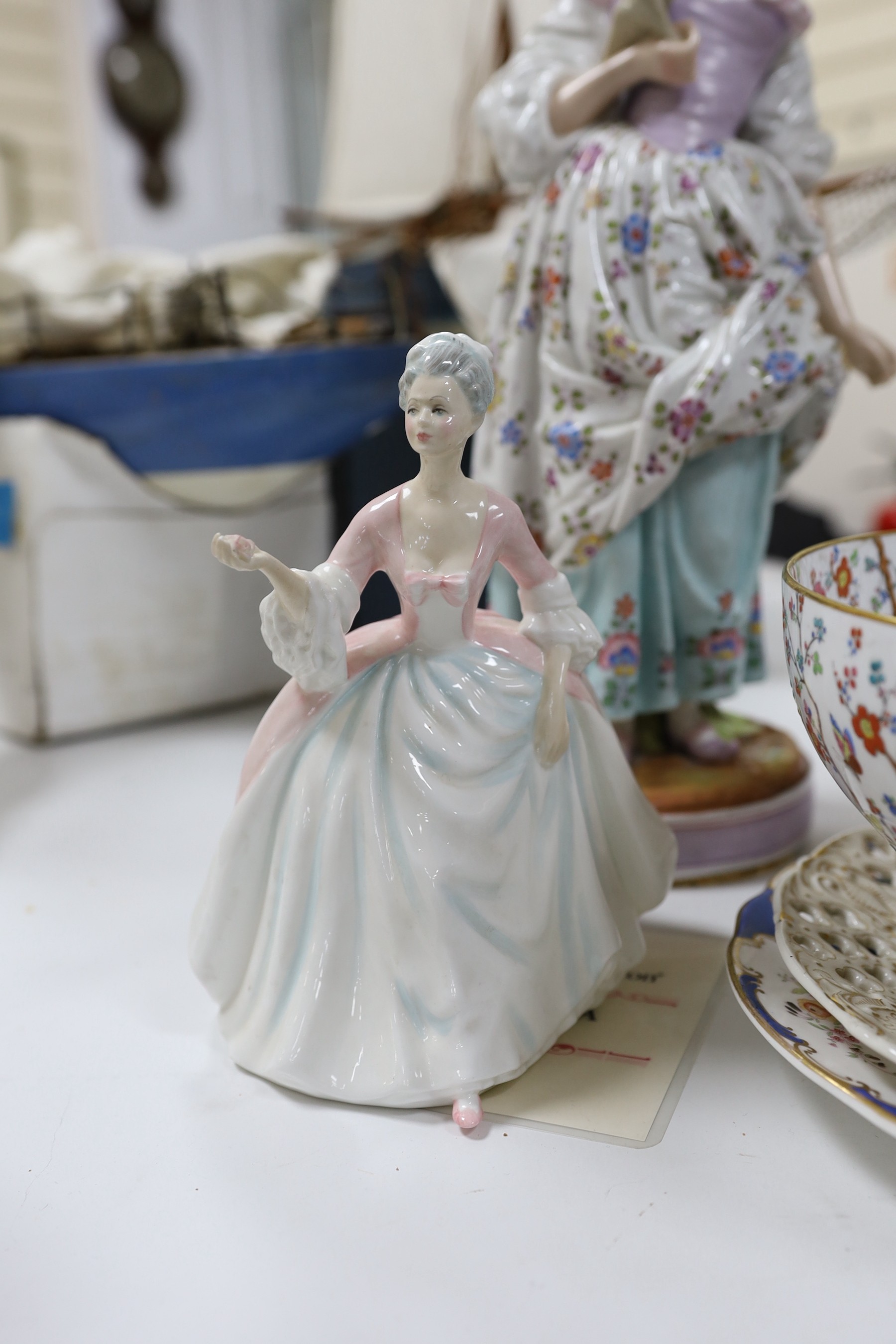 A pair of continental figurines, a Lladro figurine, Royal Doulton 'Diana' figurine, Spode bowl and two plates. Tallest 44cm